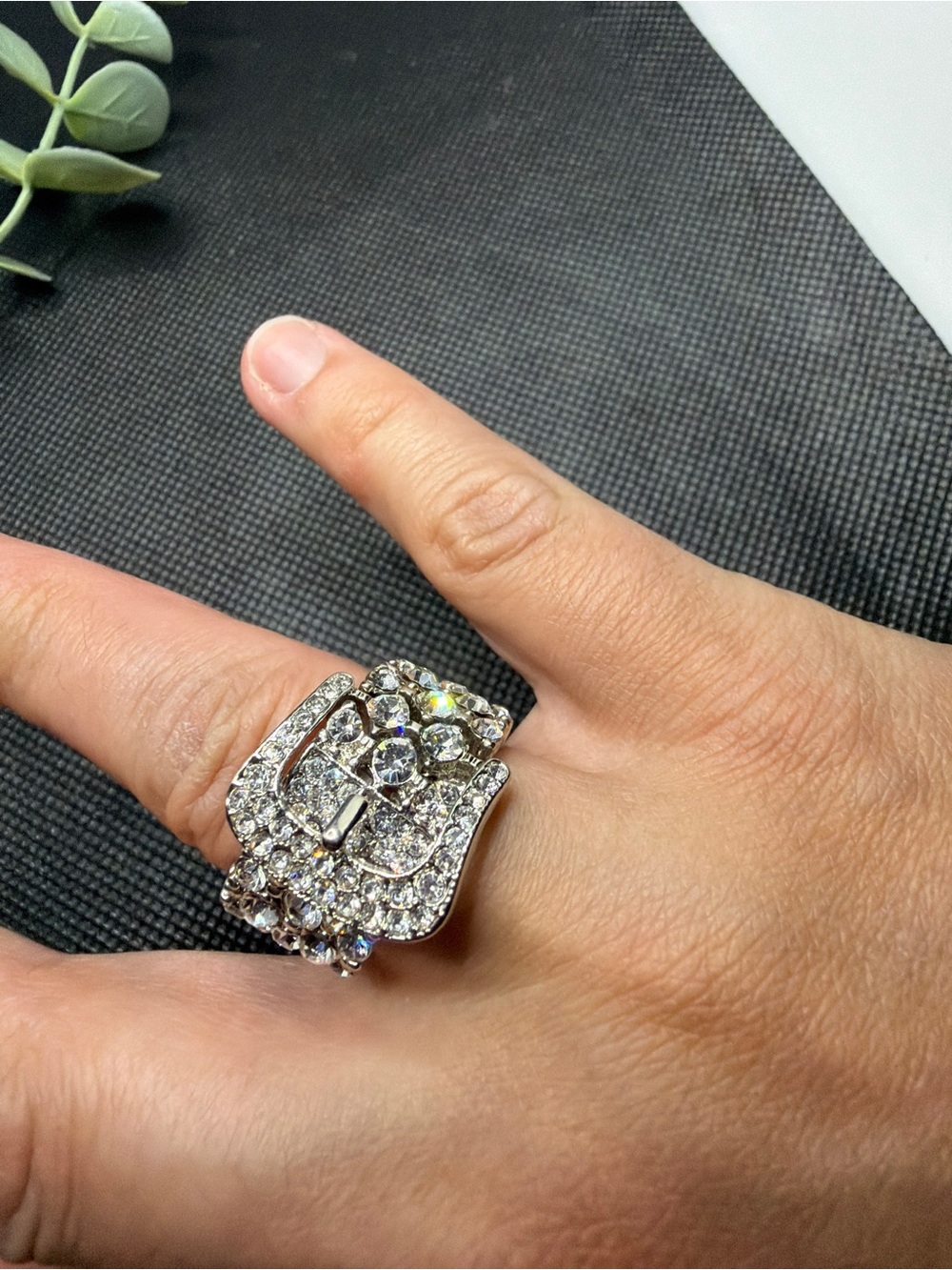 Vintage Style Rhinestone Buckle Statement Ring Silver Tone Stretch Band